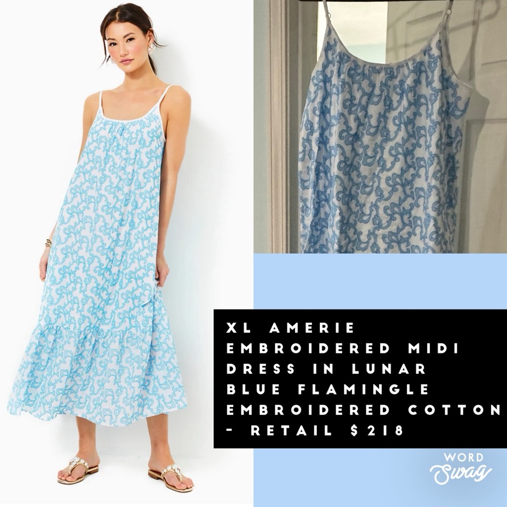 NWT - Lilly Pulitzer Blue Flamingo Embroidered Midi Dress
